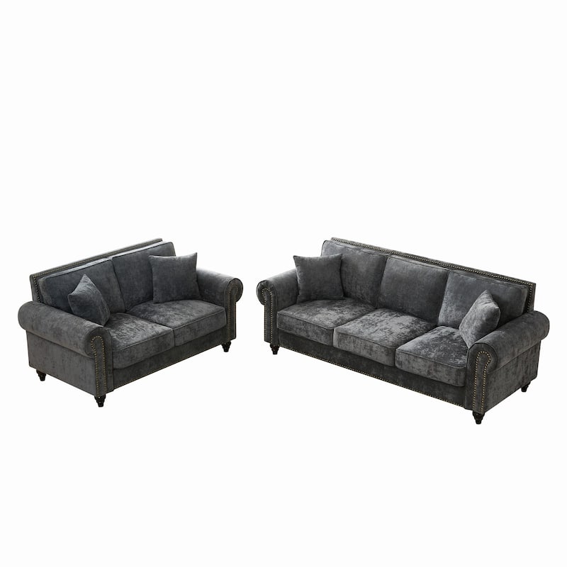 Chenille Upholstered Loveseat Sofa & 3 Seater Couch Set with Nailheads