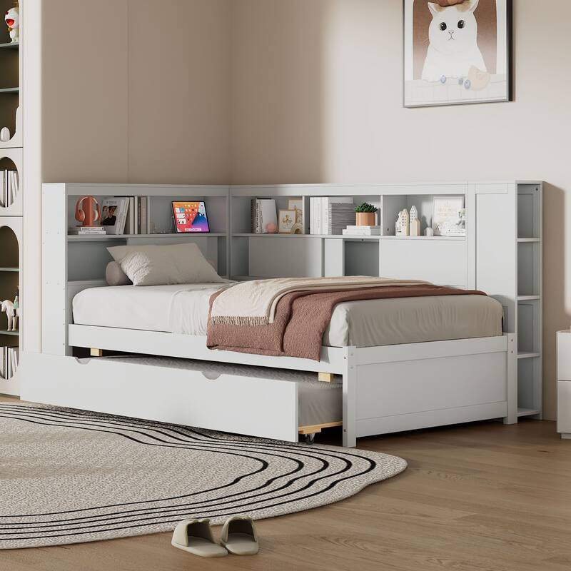Twin Size Wood Daybed with Storage Shelves, USB Charging Port, Trundle, and White Finish, Perfect for Small Spaces