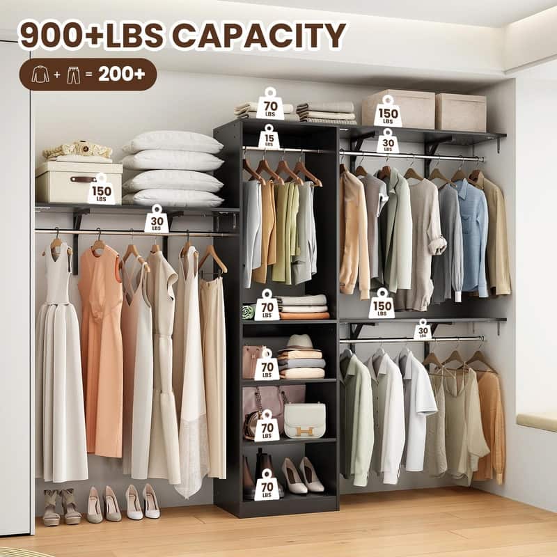 Heavy-Duty Wood Walk-In Closet Organizer - Adjustable Wardrobe System with 4 Hanging Rods & 5 Shelves for 8 ft Spaces