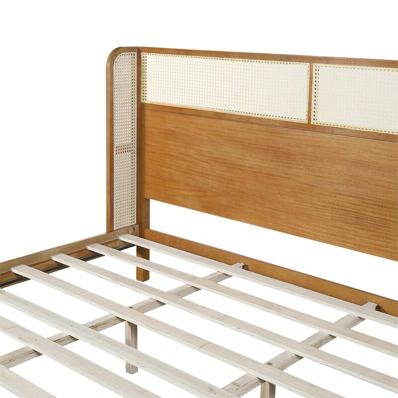 Natural Rubber Wood Bed Low-Profile Platform Wingback Bed Frame with Wood Slat Support Center Support Legs for Bedroom Apartment