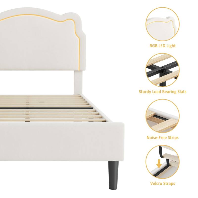 Twin Size Platform Bed Frame, Velvet Upholstered Bed Frame with Height Adjustable Bear-Shaped Headboard