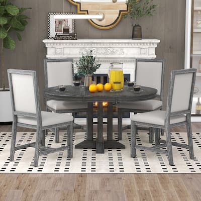 5-Piece Dining Set Extendable Round Table and 4 Upholstered Chairs