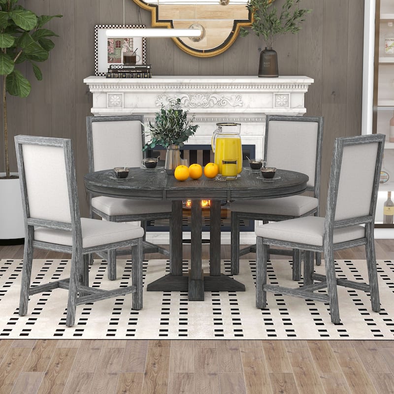 5Piece Wood Dining Set, Extendable Round Table with Movable Leaf, 4 Upholstered Dining Chairs