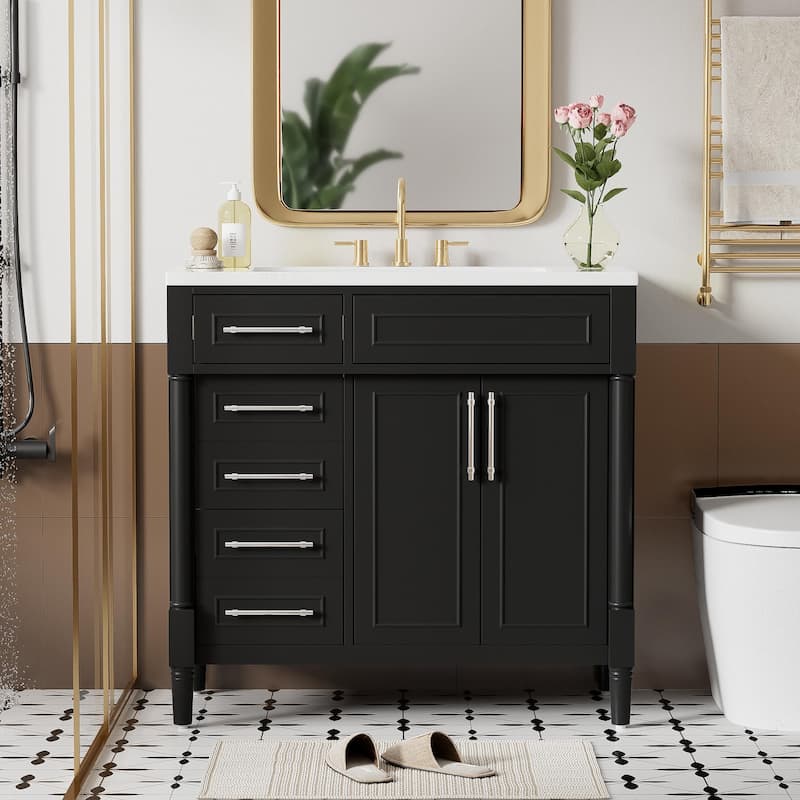 GDFStudio - Arlington Modern Freestanding Bathroom Vanity Set with Resin Sink, Tip-out Drawer & Height Adjustable Shelf - 36'W - Black