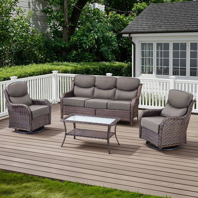 Arcadia 4-Piece Wicker Patio Conversation Set with Swivel Gliders and 6-Inch Thick Olefin Cushions