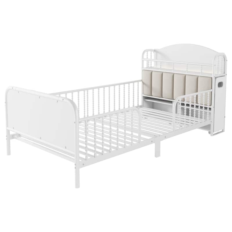 Kids Platform Bed Metal Frame with Linen Fabric Upholstered Storage Headboard Built-in Light Strip, Both Sides Rails