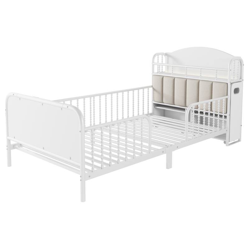 Twin Size Metal Platform Bed Frame with Light, Kids Twin Metal Bed with Upholstered and Pull Out Storage Shelves