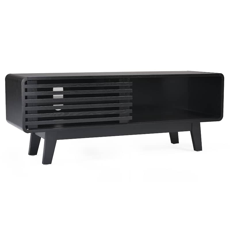 TV Stand for TV Up to 59 Inch, Entertainment Center with Storage Cabinet and Sliding Door, Mid-Modern Century Console Table - Black