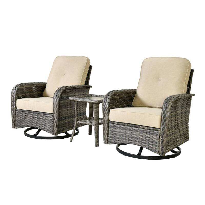 HOOOWOOO 3-piece Grey Wicker Patio Swivel Rocking Chair Set