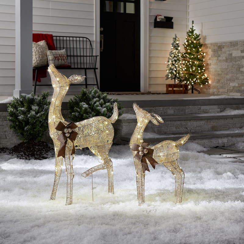 National Tree Company 38 in. Pre-Lit Christmas Fawn and Doe Outdoor Decoration - Champagne - 38 in