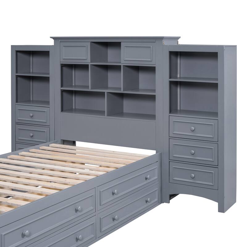 Twin Size Platform Bed with All-in-One Vertical Cabinet Bookcase, Solid Wood Captain's Bed Frame with 4 Drawers on Each Side