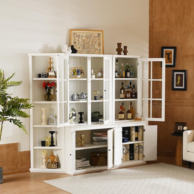 Roomfitters 75.25'' Display Cabinet with Glass Doors and Two Triangle Bookshelves, Retro Wall Storage Unit for Living Room