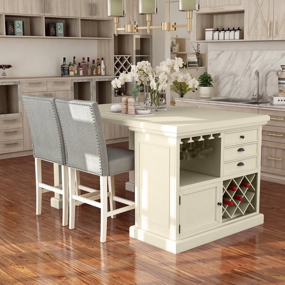 Tia Transitional Antique White Wood Multi-Storage 3-Piece Kitchen Island Set by Furniture of America