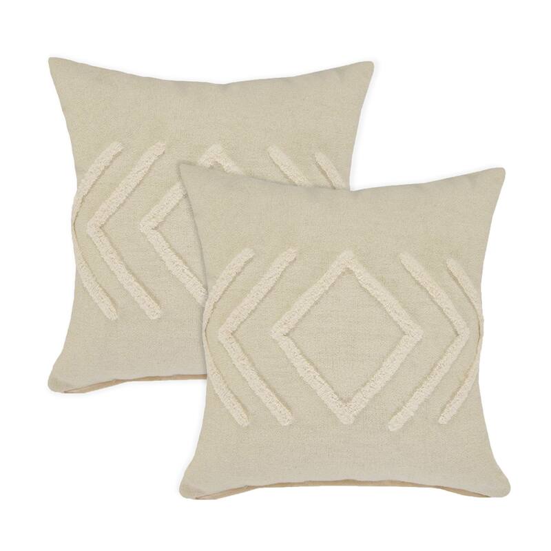 Handmade Diamond Overtufted Cotton Throw Pillows - 20" - Cream - Set of 2
