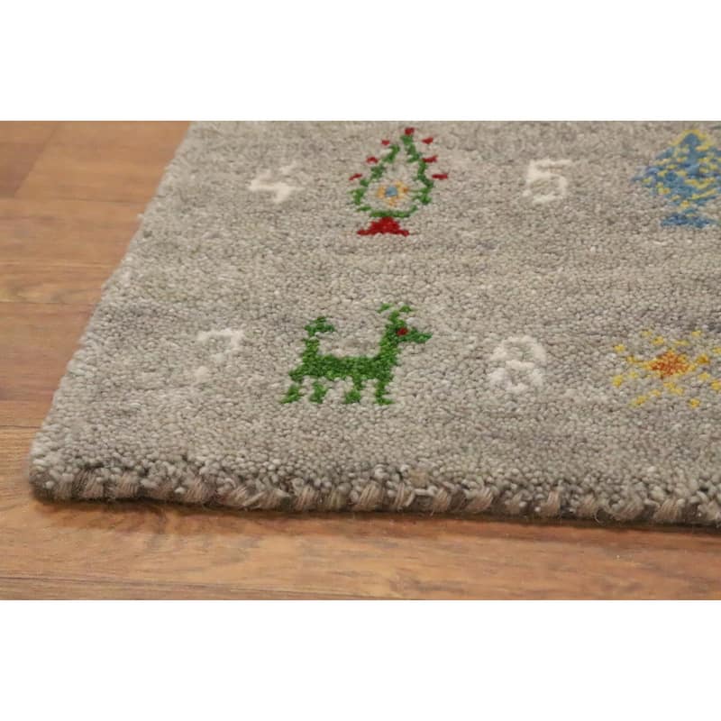 Hand Knotted Oriental 100% Wool Carpet Tribal Animal Pictorial Greys & Charcoal Gabbeh Area Rug - 1' 4'' X 1' 4''