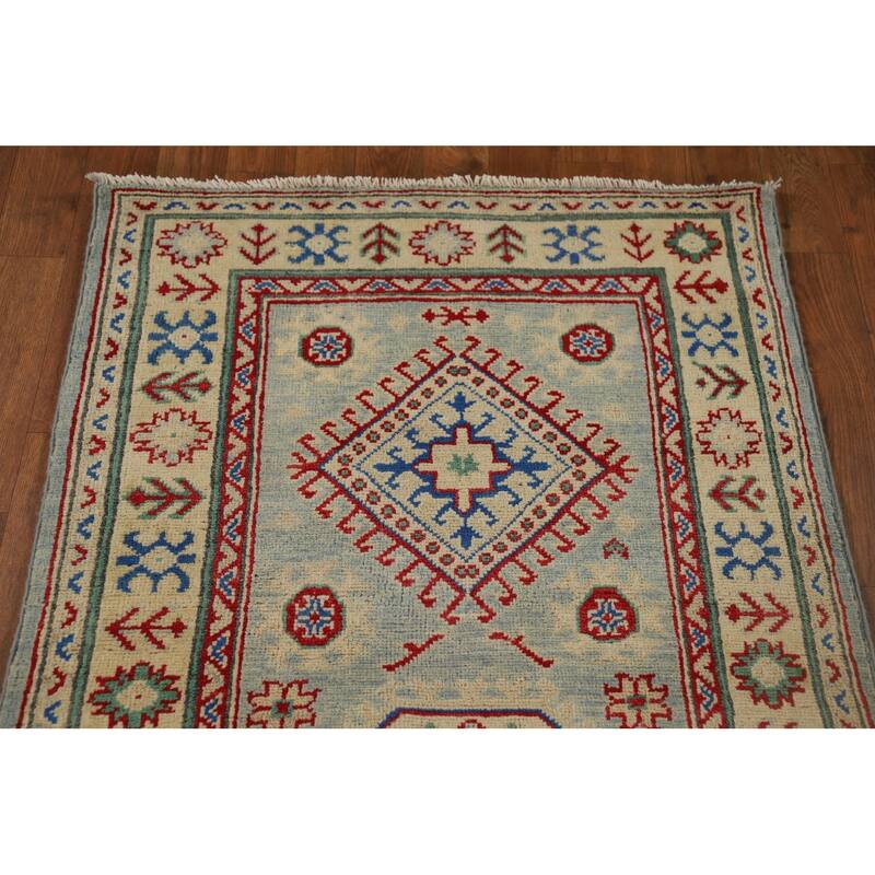 Light Blue Kazak Runner Rug Hand-Knotted Oriental Foyer Wool Carpet - 2'8" x 16'0"
