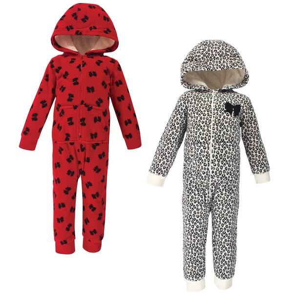 slide 1 of 1, Little Treasure Toddler Girl Fleece Jumpsuits and Coveralls 2pk, Leopard Bow Red/Black - 2T