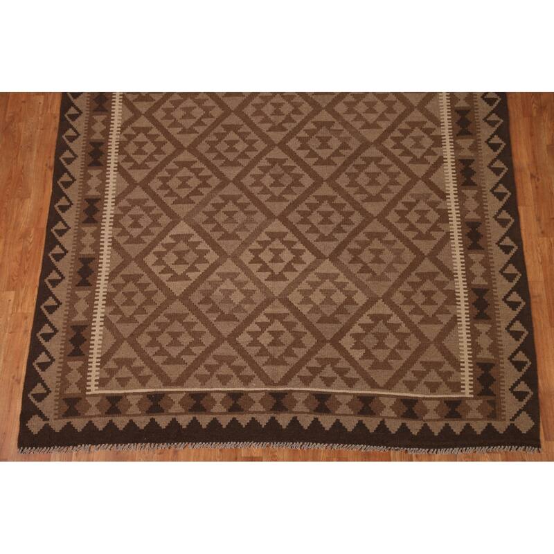 Brown Kilim Oriental Area Rug Hand-woven Wool Carpet - 6'11"x 9'6"