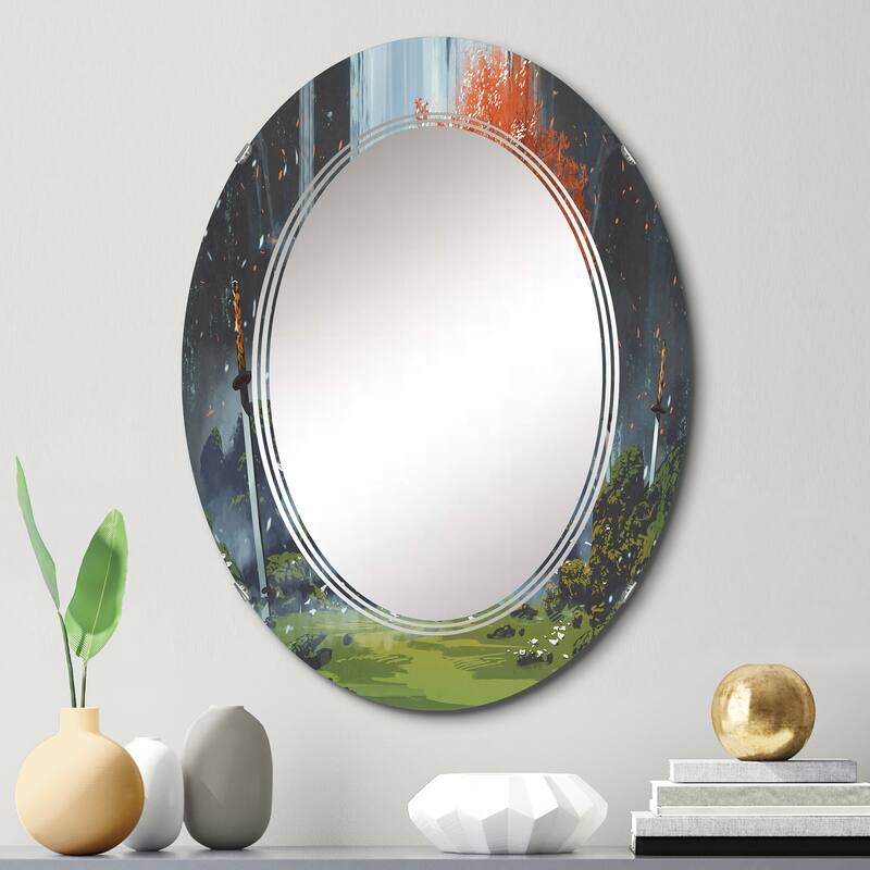 Designart 'Samurai Standing In Waterfall Garden With Swords' Printed Traditional Wall Mirror - 20in.x30in.