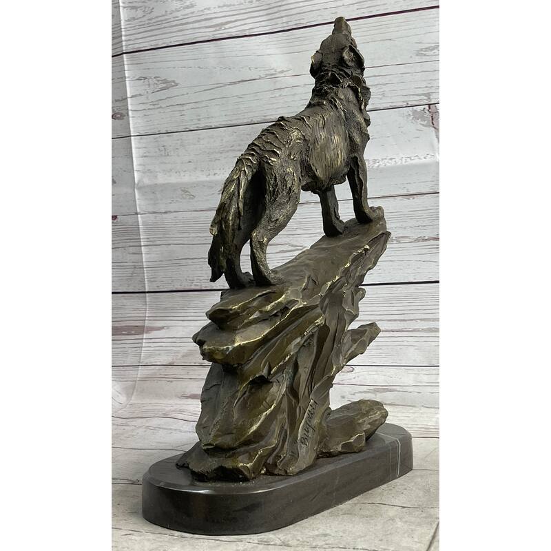 Wolf On Rock Howling At The Moon Bronze Statue Sculpture Wildlife Decor On Marble Base