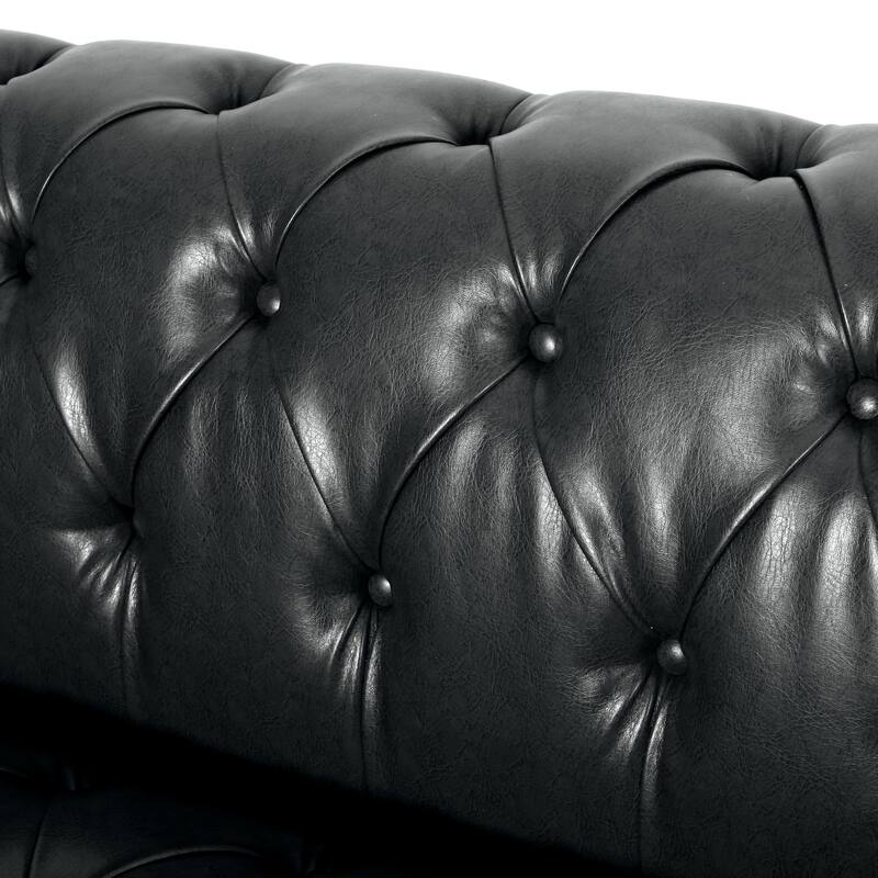 3-seat Black PU Sofa with Wooden Legs for Living Room and Study