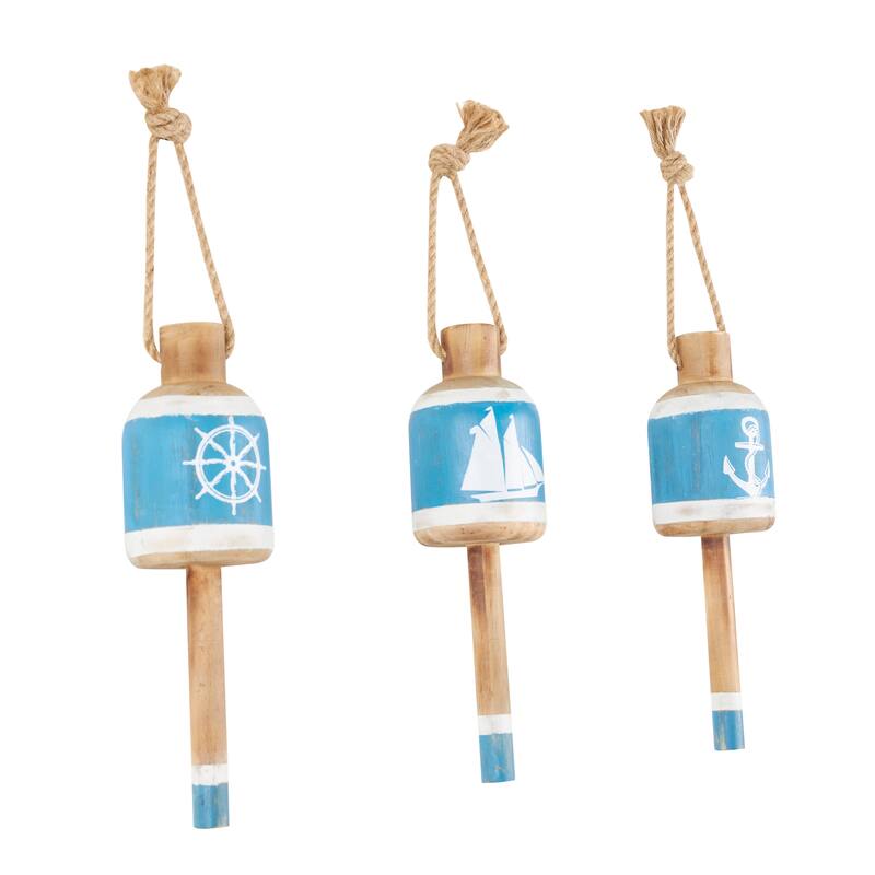 Blue Wood Anchor, Sailboat, and Ship Wheel Buoy Home Wall Decor with Hanging Rope (Set of 3)