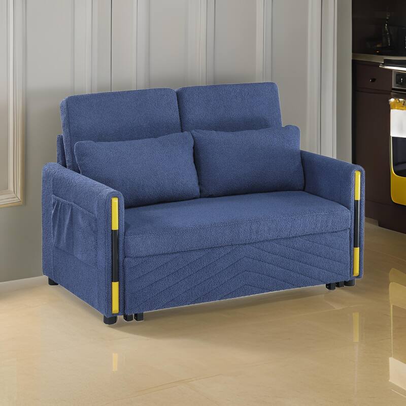 Pcy 56 Inch Sleeper Loveseat with Side Pockets, Blue Teddy Velvet, Wood