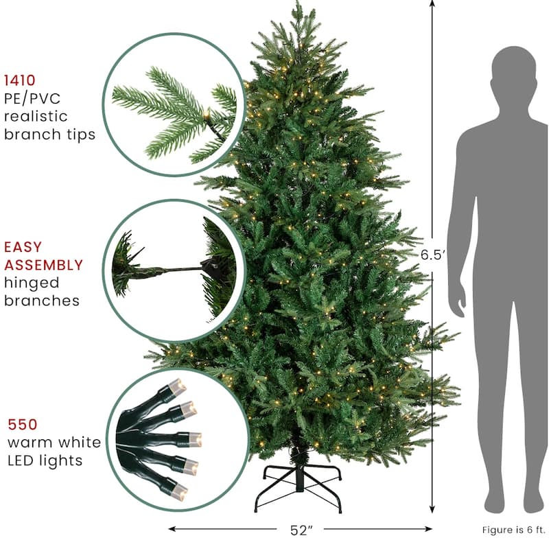 6.5' Juniper Pine Artificial Christmas Tree, Warm White LED Lights - 6.5 Foot