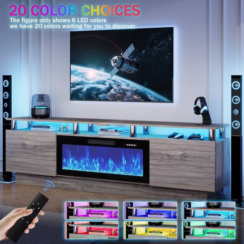 BOSSIN Modern 80" TV Stand with 36" Fireplace & LED Lights for TVs Up to 90", White with Golden Pillars, Storage Cabinets
