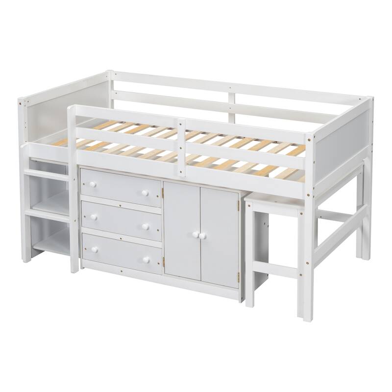 Twin Size Low Loft Bed with Pull-Out Desk, Drawers, Cabinet, and Shelves in White