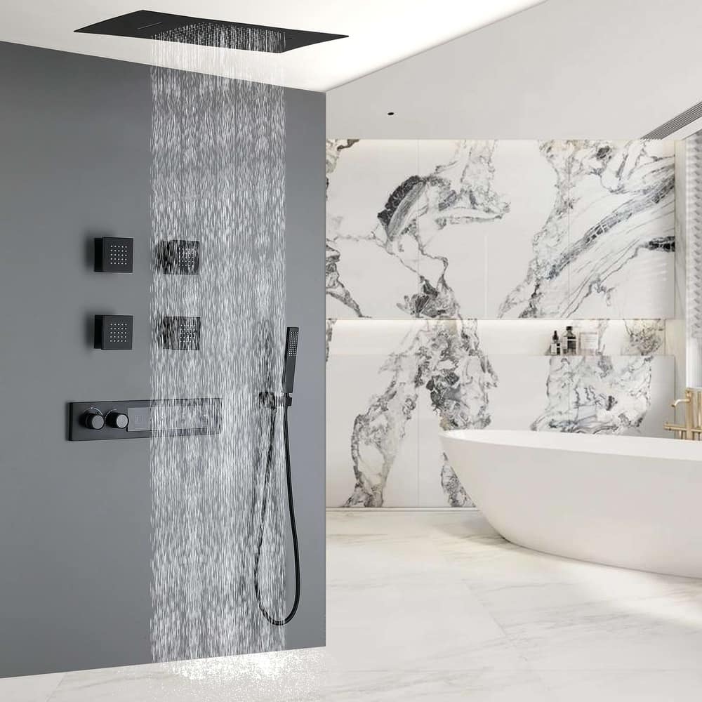 Modland NSF Certified Rainfall Waterfall Shower System - 1.59 GPM, 4 Massage Jets, Thermostatic, Matte Black/Gold