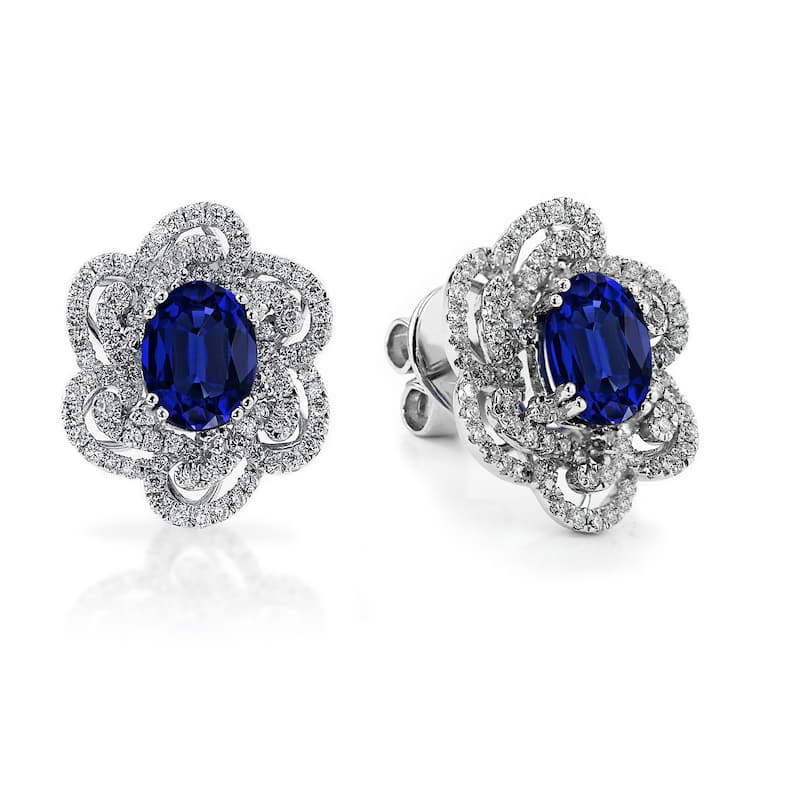 Auriya Fancy 3 5/8ct Royal Blue Sapphire Oval and 9/10ctw Halo Diamond Stud Earrings 18K Gold