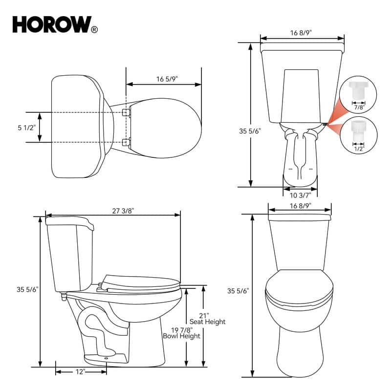 HOROW 21 in. Extra Tall 2-Piece Round Toilet in White with Comfortable Chair Height Seat and 1000g Powerful Flush - 21 Inch