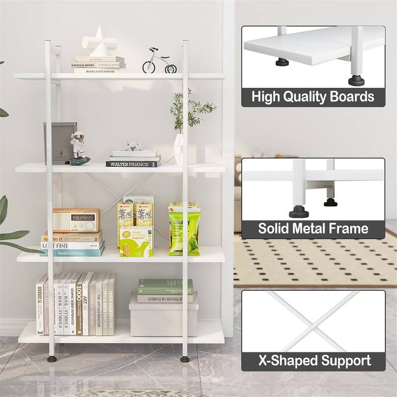 Bookshelf 4 Tiers White Wooden Storage Shelf - 10.87"D x 31.5"W x 48.43"H