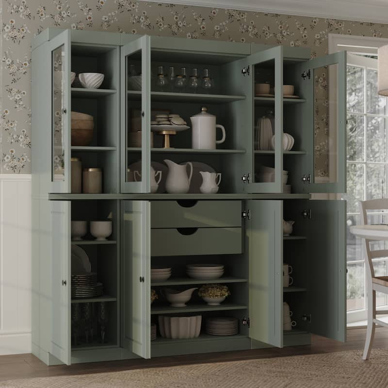 Palace Imports 100% Solid Wood Kitchen China Cabinet Pantry with Glass or Solid Wood Doors and 2-Drawer Kit - 65" x 71.5" - Sage - 4 Clear Glass-4 Solid