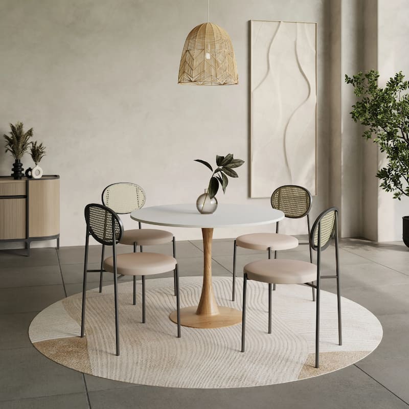 Bristol 35" Round Dining Table with MDF Top and Natural Wood Steel Pedestal Base for Modern Kitchen and Dining Room