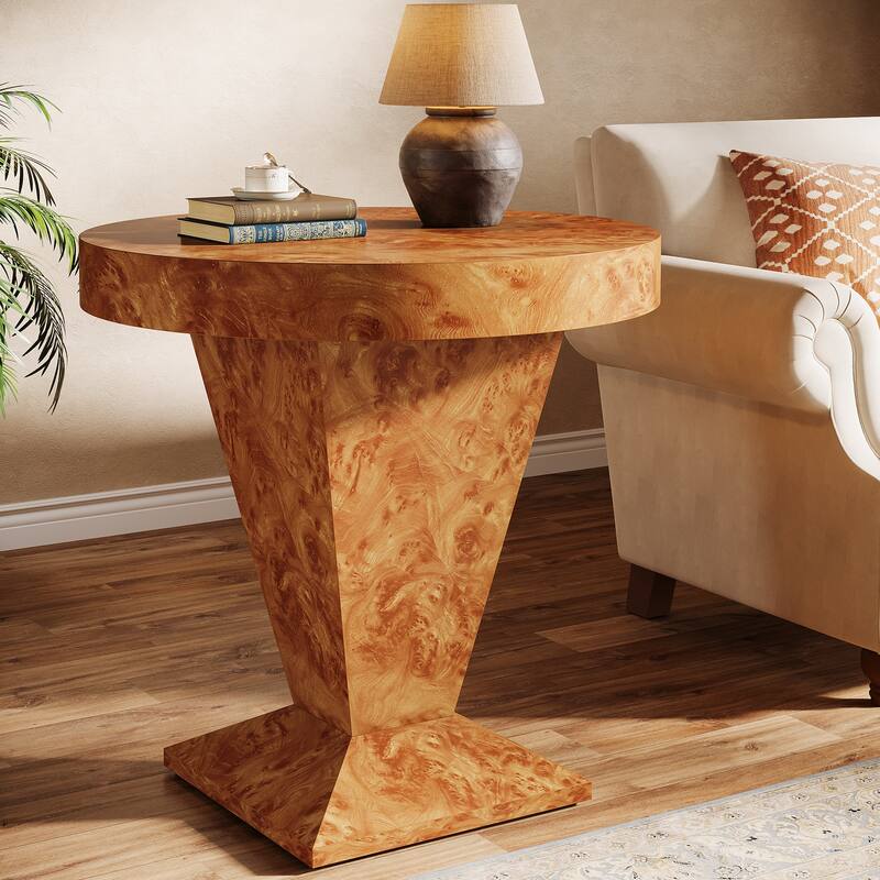 23.62-Inch Modern Side Table, Modern Pedestal Round End Table - Brown