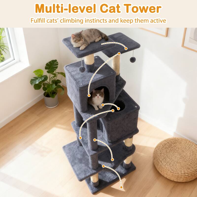 Gymax 57'' Cat Tree for Indoor Cats w/Dual Condos Hammock Sisal