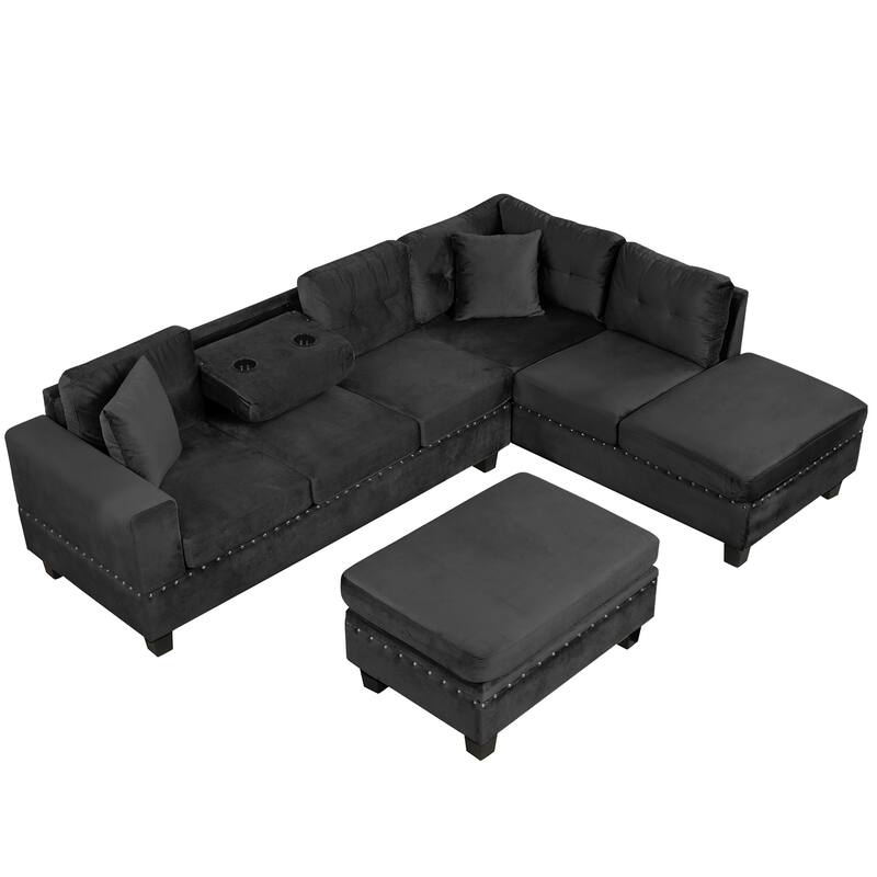 105.1" Velvet L-Shaped Sectional Sofa with Ottoman & Cup Holders