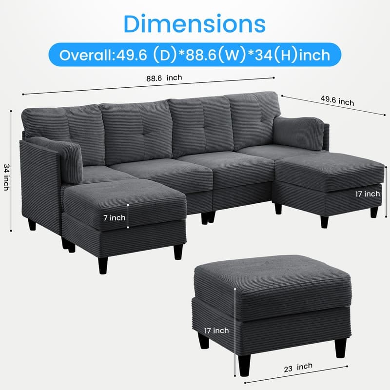 Mixoy W89inch U-Shaped Corduroy Sectional Sofa with Reversible Ottoman,Upholstered 4-Seater Sofa