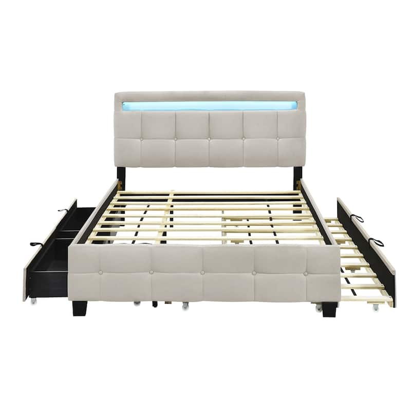 Queen Size Upholstered Platform Bed w/ LED Frame, Twin XL Size Trundle