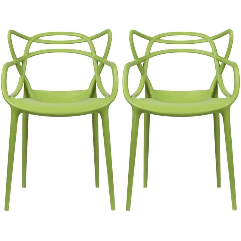 Modern Stackable Geometric Molded Stacking Chairs Dining Armchairs Indoor Outdoor Patio Work Office Kitchen (Set of 2) - Green
