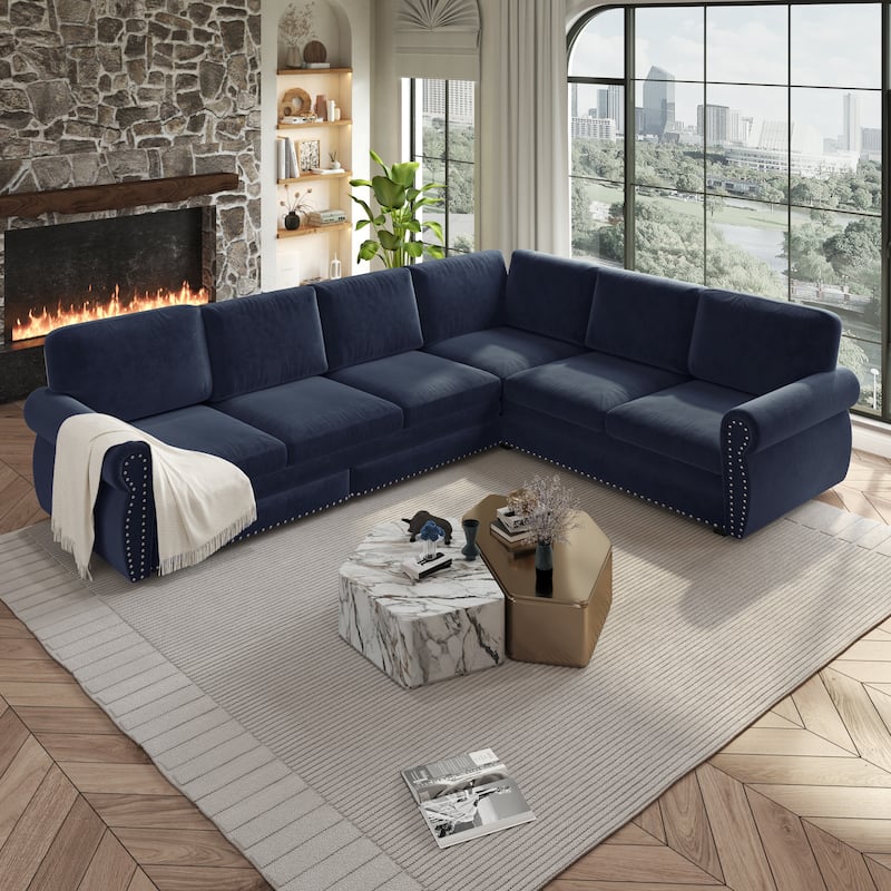 L-Shaped Sectional Sofa with Pull-Out Bed, Oversize Convertible Sleeper Sofa with Rolled Arms, Chenille Upholstery