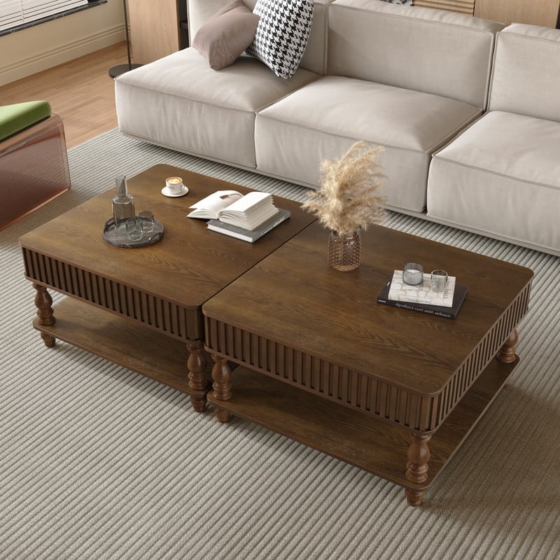 Fluted 31.5" Square Lift-Top Coffee Table with Hydraulic Mechanism for Hidden and Open Storage Solutions