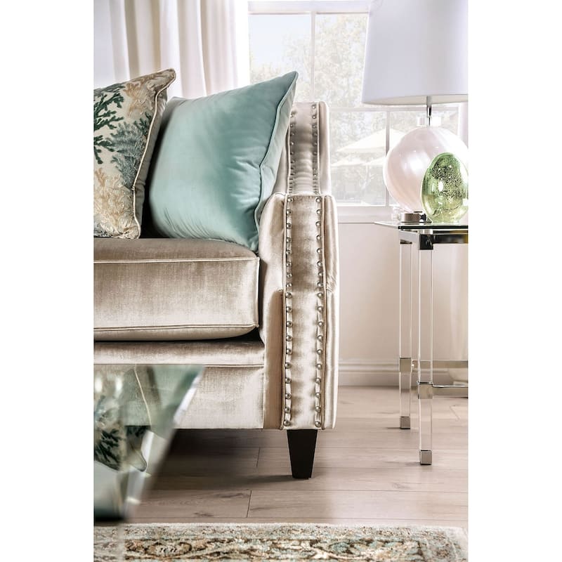 Chenille And Wooden Sofa with Bench Style Cushion Design in Champagne