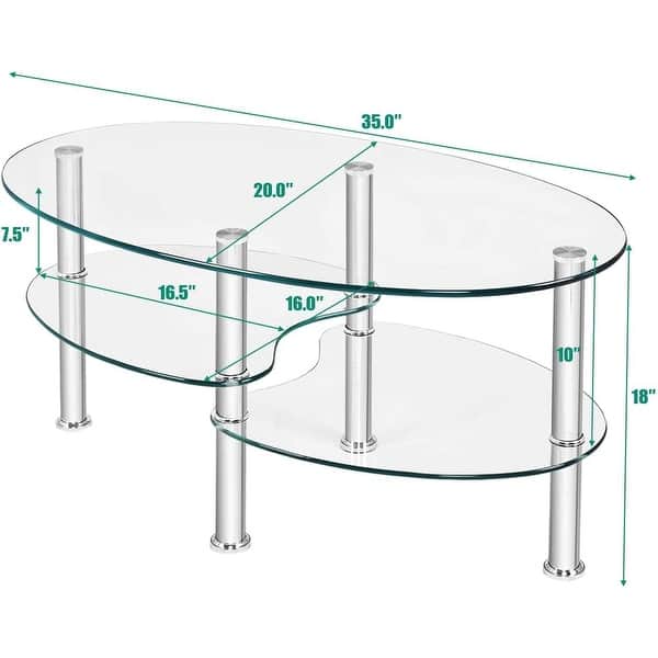 Oval Tempered Glass Coffee Table with Chrome Base and Open Storage ...
