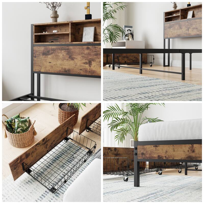 Queen Size Metal Platform Bed with Storage Drawers, Wooden Headboard, and Charging Station, Easy Assembly, Brown