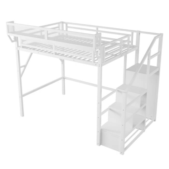 Full Loft Bed with Stairs, Metal High Loft Bed with Storage Shelves & Wardrobe for Kids Teens