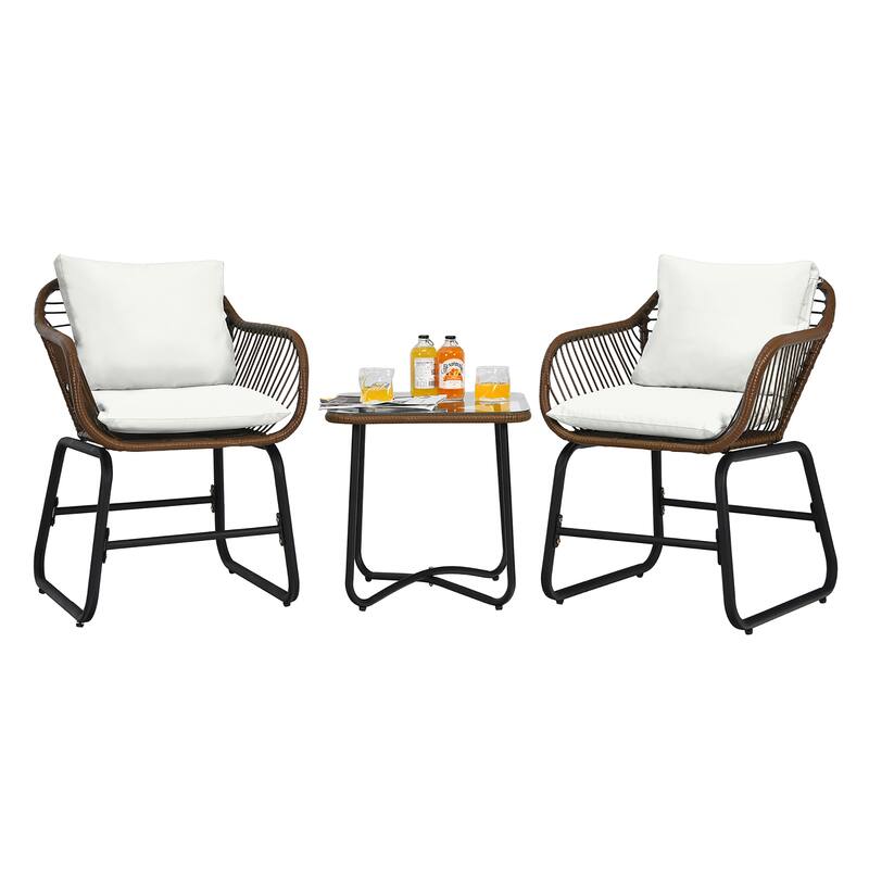 Costway 3PCS Patio Rattan Bistro Set Cushioned Chair Glass Table Deck - See Details