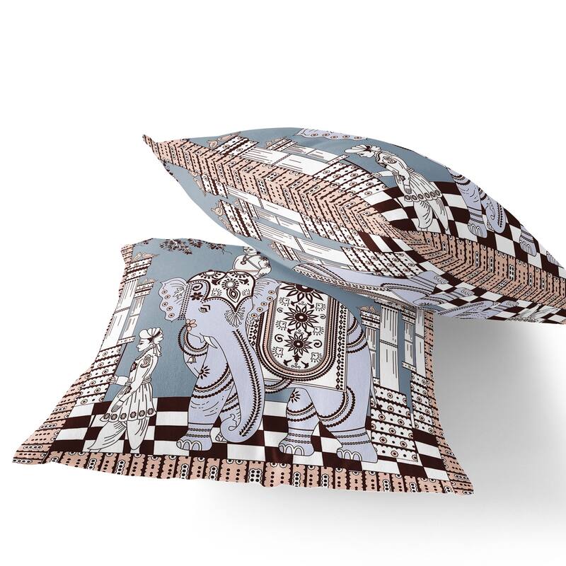 HomeRoots Set of Two 16" X 16" Blue and Brown Elephant Blown Seam Floral Indoor Outdoor Throw Pillow - 16.00' X '16.00' X '5.00